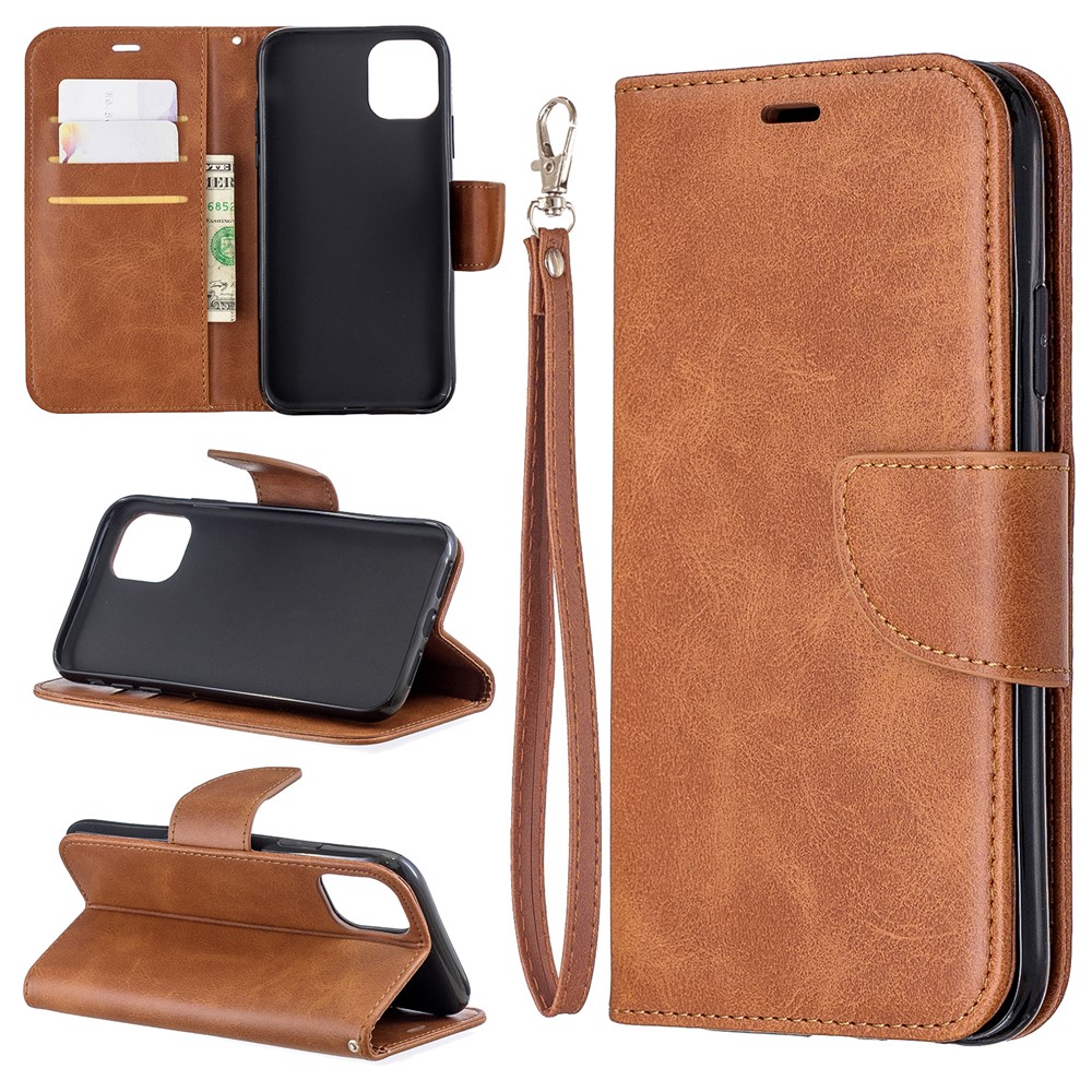 Solid Color PU Leather Wallet Stand Phone Shell for iPhone (2019) 6.1-inch - Brown-1