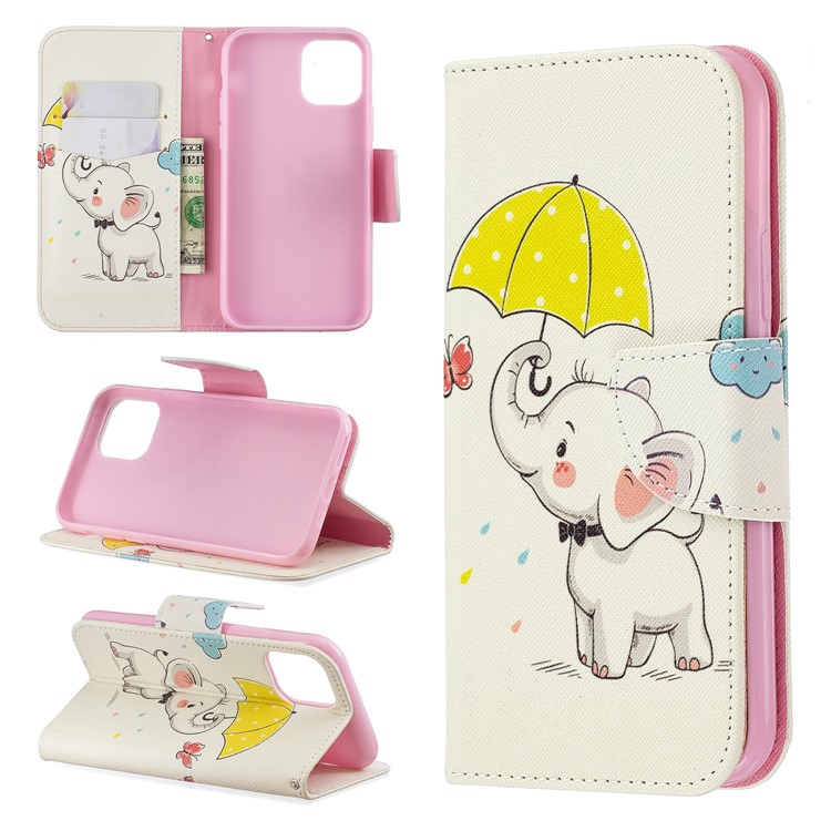 Pattern Printing PU Leather Wallet Stand Phone Cover for iPhone 11 Pro 5.8 inch (2019) - Elephant and Umbrella-1