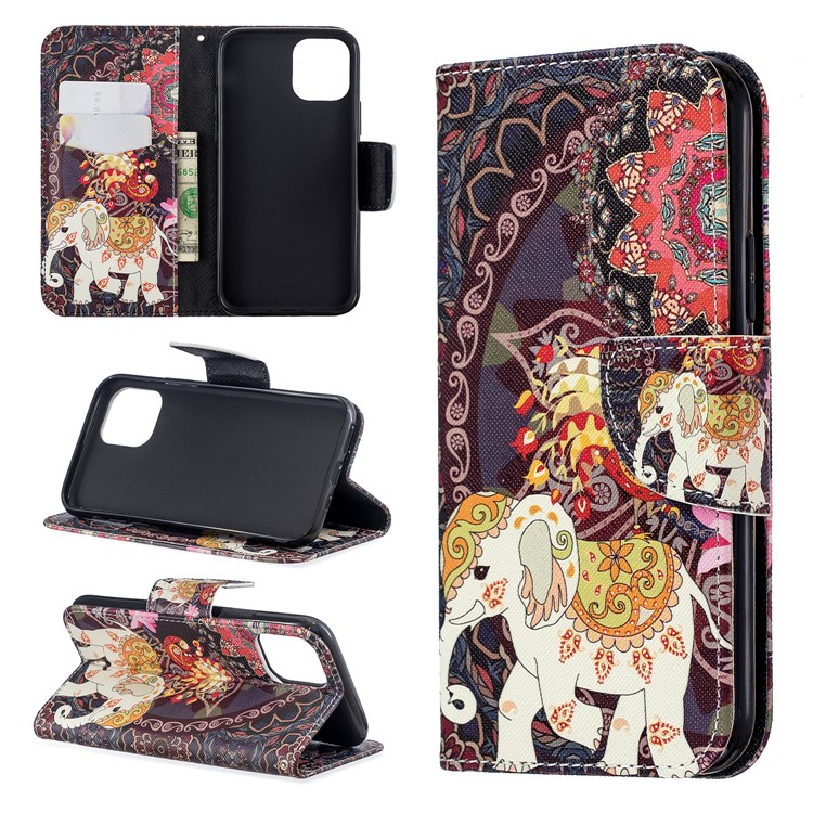 Pattern Printing PU Leather Wallet Stand Phone Cover for iPhone XS 5.8 inch - Elephant and Malanda Flower-1