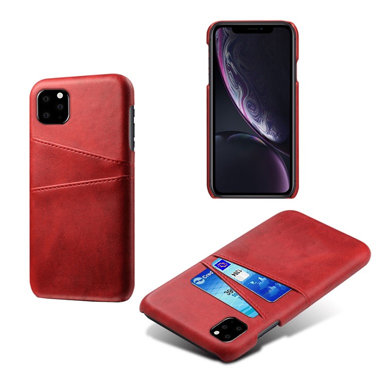 Double Card Slots PU Leather Coated PC Case for iPhone (2019) 6.5-inch - Red-1