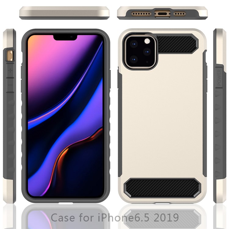 Scudo Serie In Fibra Di Carbonio Texture Anti-caduta Morbido TPU + PC Caso Ibrido Per Iphone (2019) Da 6,5 pollici - Grigio Scuro / Oro-1