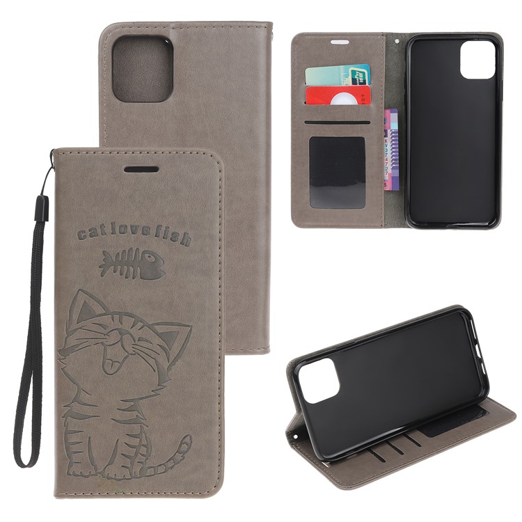 Imprint Cat and Fishbone Pattern Leather Wallet Case for iPhone (2019) 5.8-inch - Grey-1