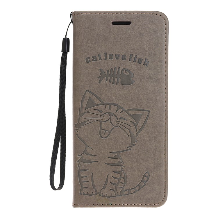 Imprint Cat and Fishbone Pattern Leather Wallet Case for iPhone (2019) 5.8-inch - Grey-2