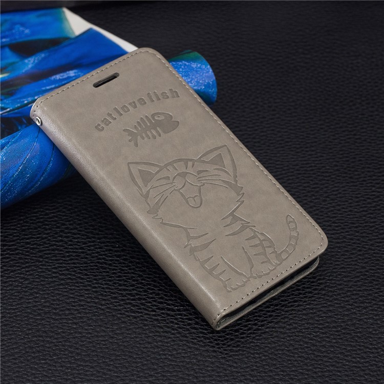 Imprint Cat and Fishbone Pattern Leather Wallet Case for iPhone (2019) 5.8-inch - Grey-7