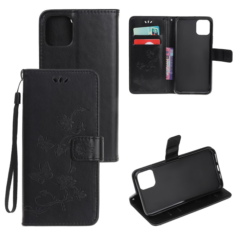 Imprint Style Butterfly Flowers Leather Wallet Case Shell for iPhone (2019) 5.8-inch - Black-1