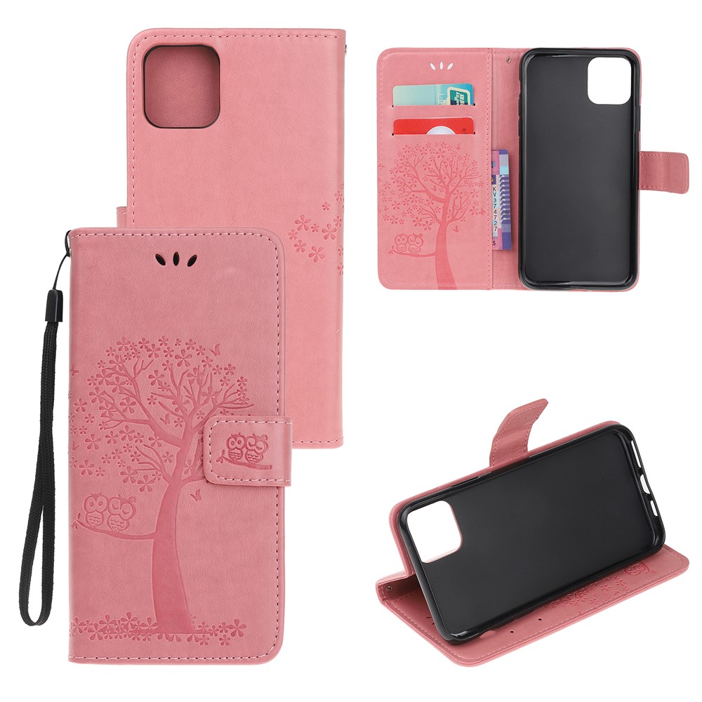 Caso Da Carteira Da Coruja Da Árvore Da Impressão Para O Iphone (2019) 6.1-inch - Rosa-1