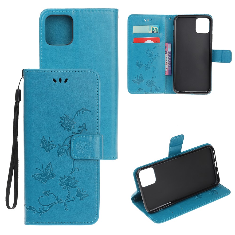 Imprint Butterfly Flowers Leather Wallet Phone Case for iPhone 11 6.1 inch (2019) - Blue-1