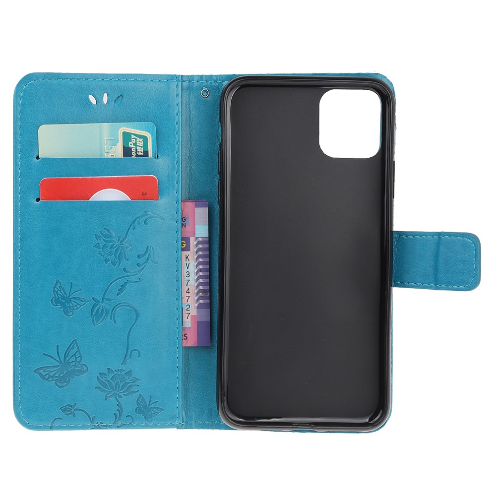 Imprint Butterfly Flowers Leather Wallet Phone Case for iPhone 11 6.1 inch (2019) - Blue-6