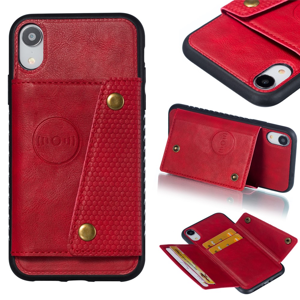 Kickstand Card Holder PU Leather Coated TPU Case [Built-in Vehicle Magnetic Sheet] for iPhone XR 6.1 inch - Red