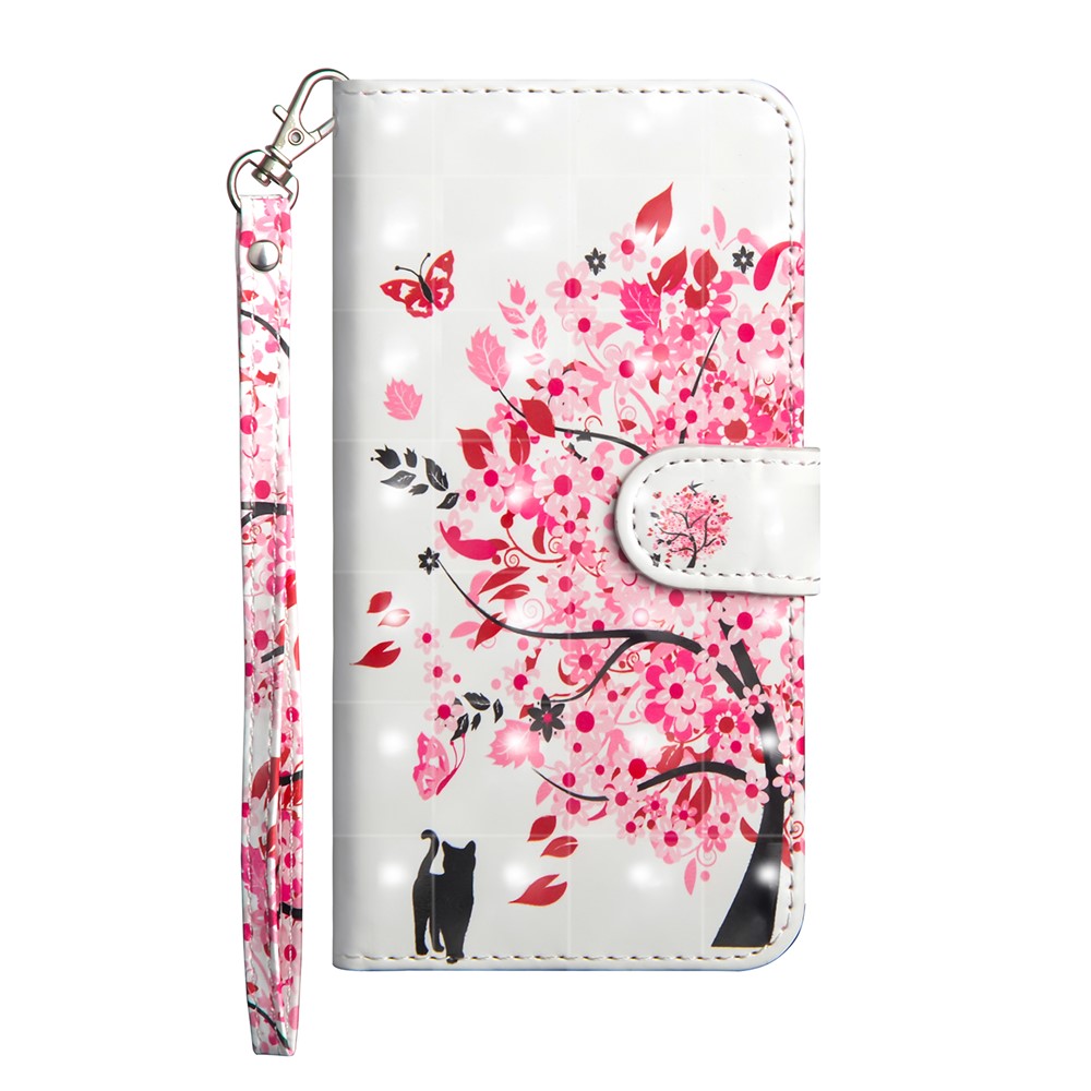 Décor Léger Décor à Motifs de Portefeuille de Portefeuille de Téléphone Portable Pour Iphone 11 6,1 Pouces (2019) - Chat et Arbre Fleuri