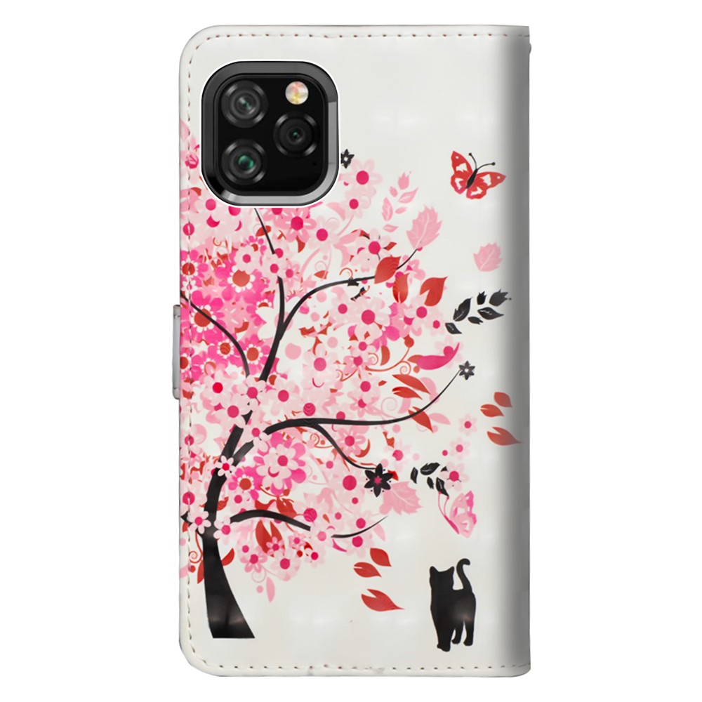 Décor Léger Décor à Motifs de Portefeuille de Portefeuille de Téléphone Portable Pour Iphone 11 6,1 Pouces (2019) - Chat et Arbre Fleuri