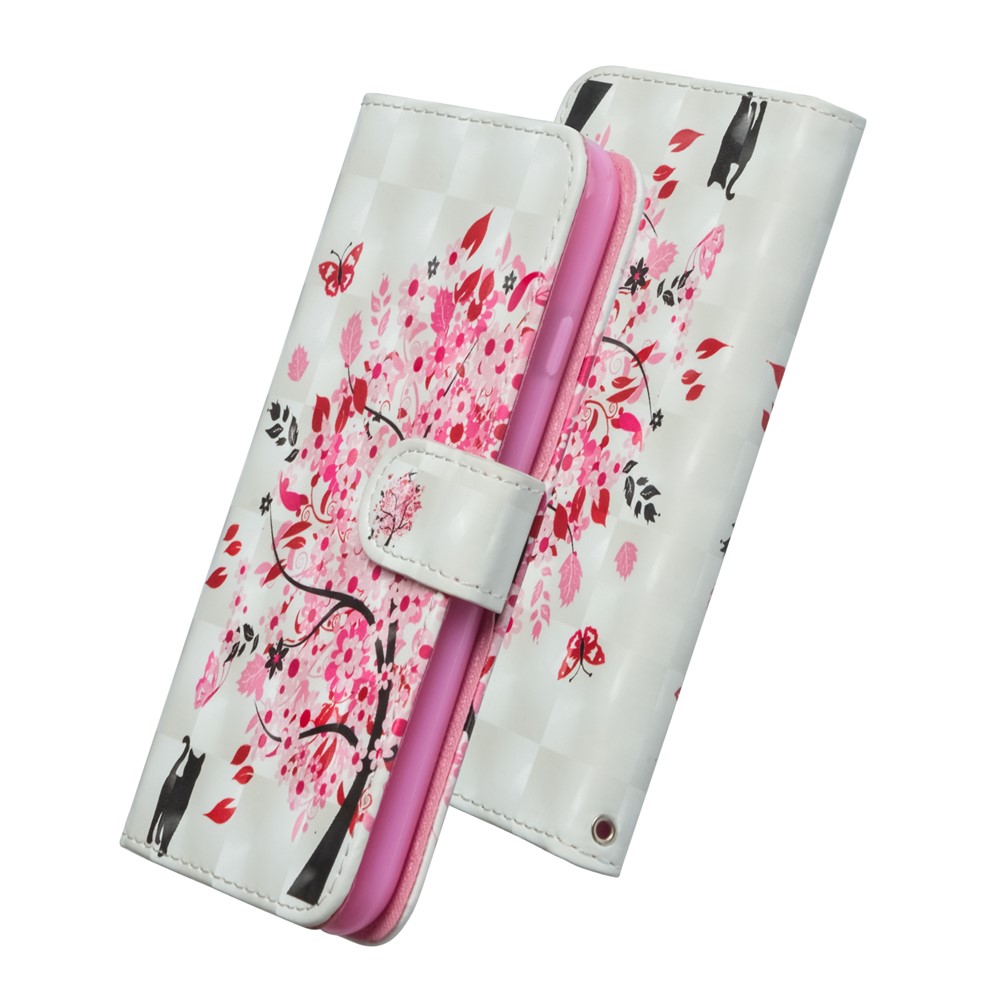 Décor Léger Décor à Motifs de Portefeuille de Portefeuille de Téléphone Portable Pour Iphone 11 6,1 Pouces (2019) - Chat et Arbre Fleuri