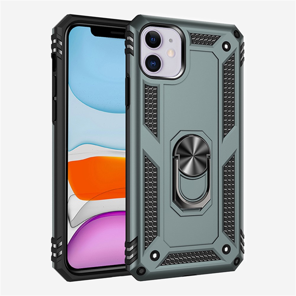 Hybrid PC TPU Kickstand Armor Phone Casing for iPhone 11 6.1-inch (2019) - Dark Green-1