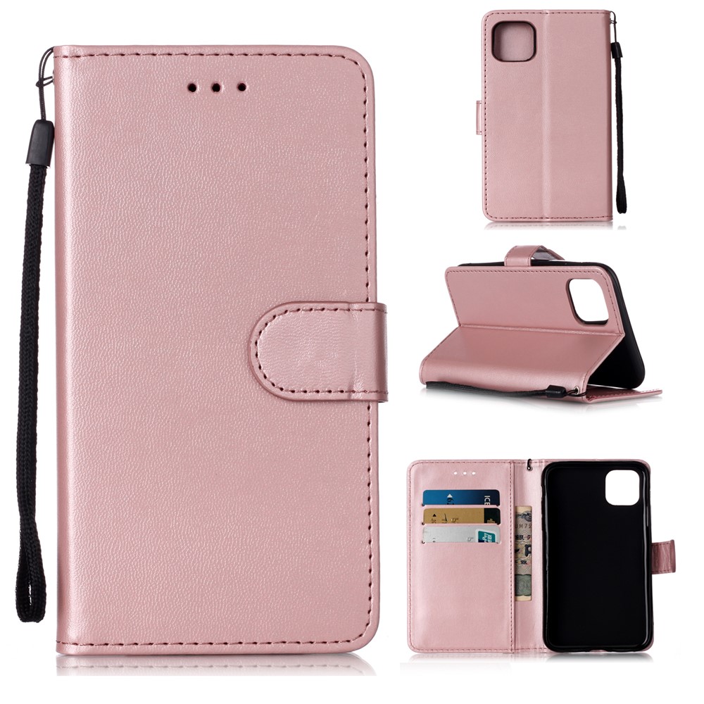 Solid Color Leather Wallet Stand Phone Case Cover for iPhone (2019) 6.1-inch - Rose Gold-1