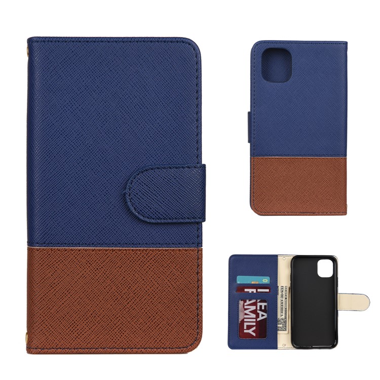 Color-block Cross Texture PU Leather Wallet Stand Casing for iPhone (2019) 6.1-inch - Dark Blue-1