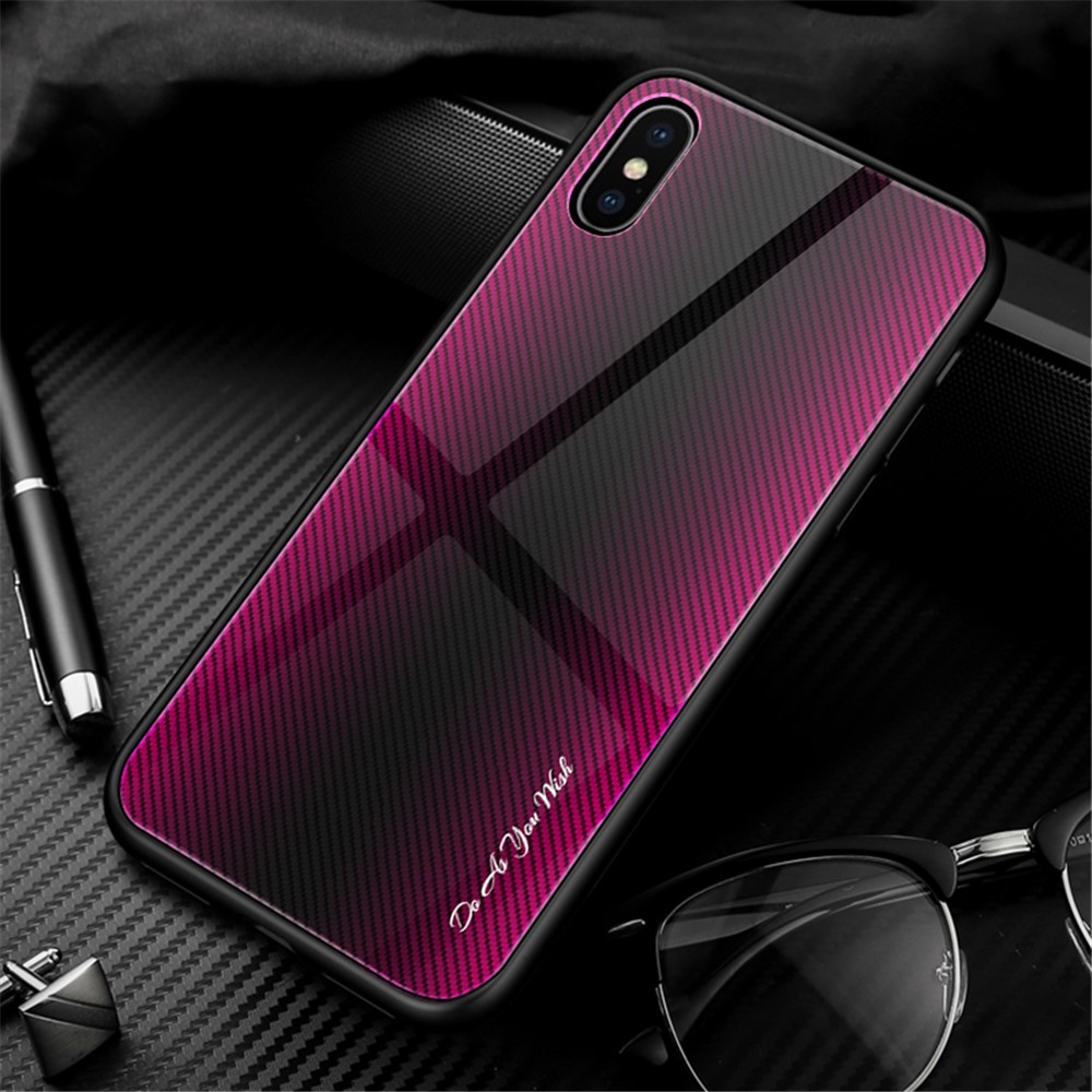 Texture Gradient Tempered Glass Back + Soft TPU Edge Phone Cover for iPhone XS Max 6.5 inch - Rose/Black
