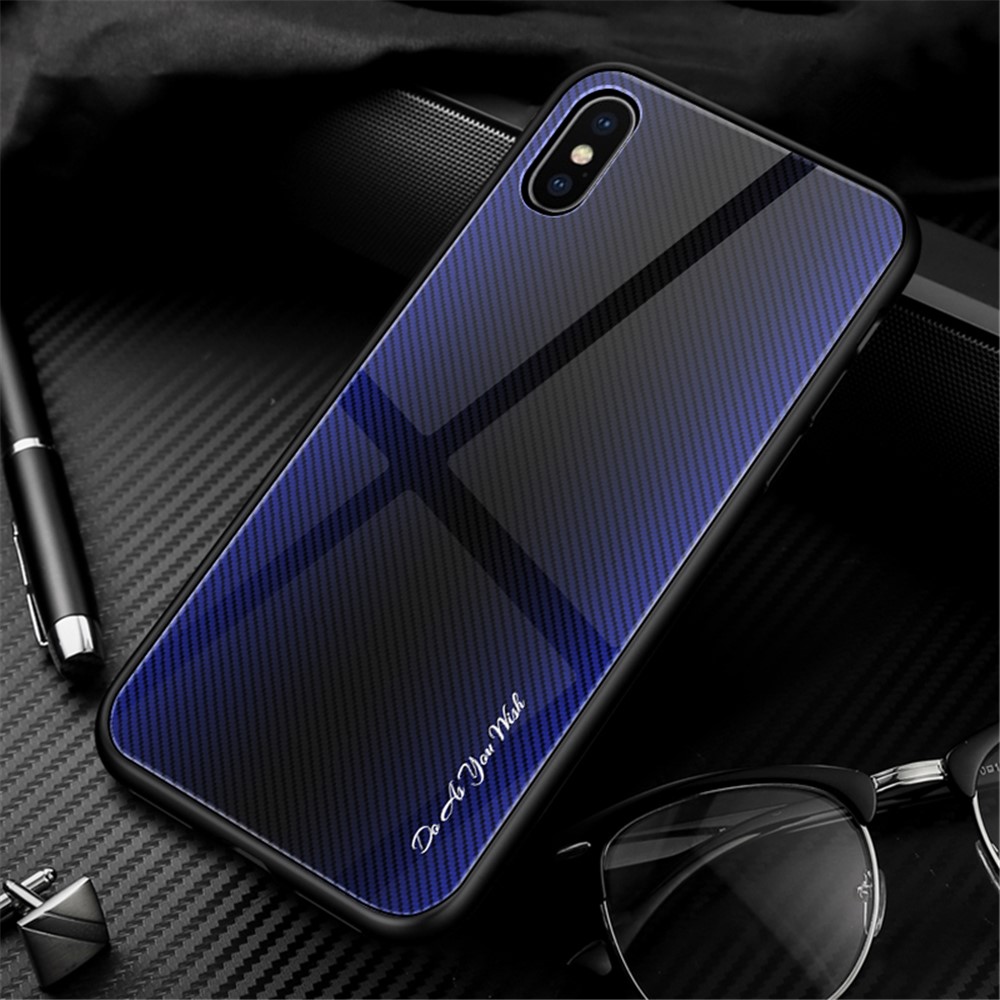 Texture Gradient Tempered Glass Back + Soft TPU Edge Phone Cover for iPhone XS Max 6.5 inch - Dark Blue/Black