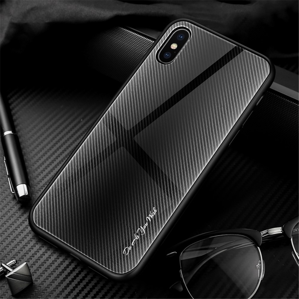 Texture Gradient Tempered Glass Back + Soft TPU Edge Phone Casing for iPhone XS/X 5.8 inch - Grey/Black