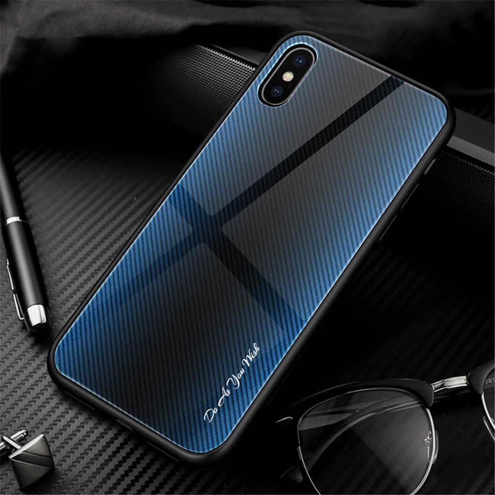 Texture Gradient Tempered Glass Back + Soft TPU Edge Phone Casing for iPhone XS/X 5.8 inch - Blue/Black