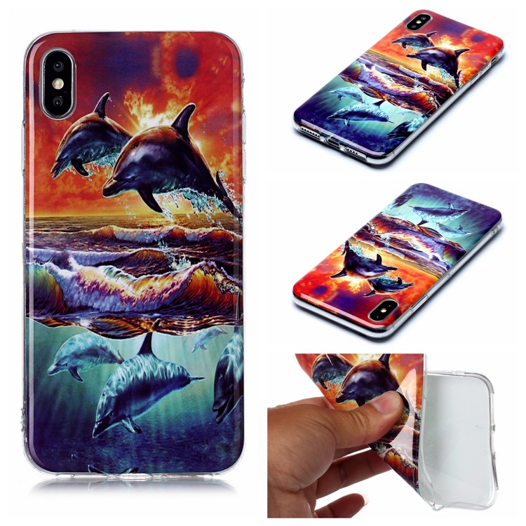 Pattern Printing IMD TPU Shell Case for iPhone XS/X 5.8-inch - Dolphin-1