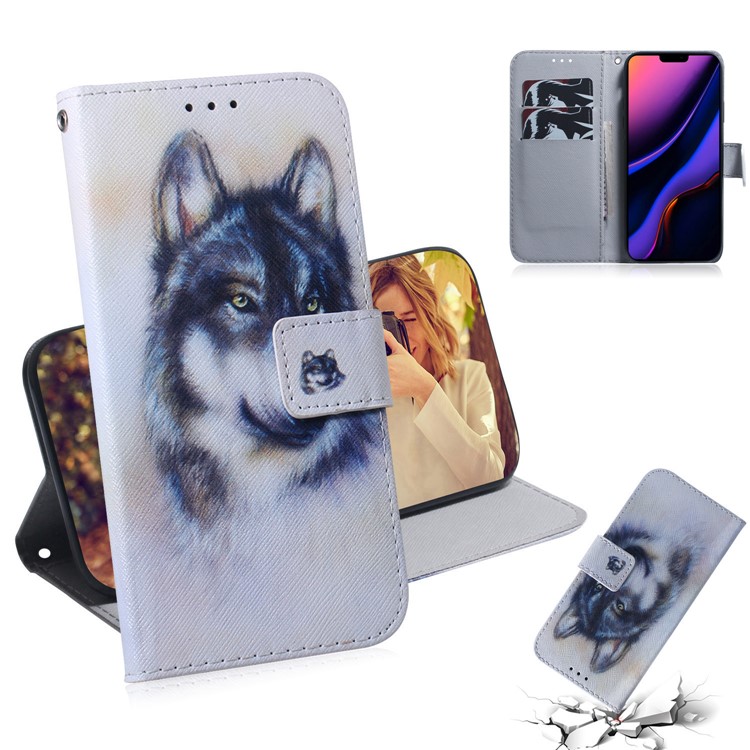 Pattern Printing Leather Wallet Case for iPhone (2019) 6.1-inch - Black and White Wolf-1