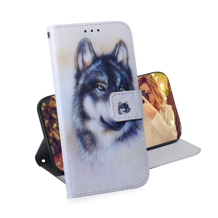 Pattern Printing Leather Wallet Case for iPhone (2019) 6.1-inch - Black and White Wolf-7