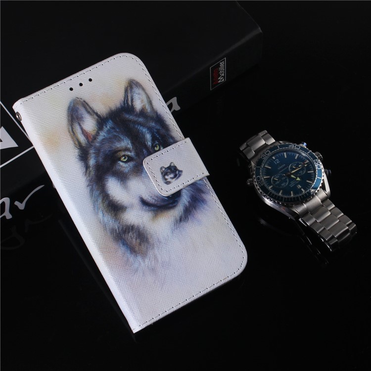 Pattern Printing Leather Wallet Case for iPhone (2019) 6.1-inch - Black and White Wolf-9