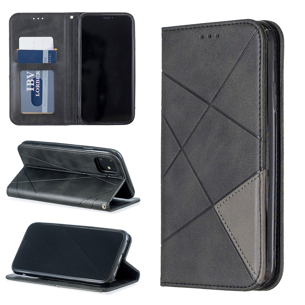 Funda Protectora De Cuero Con Diseño Geométrico Para Teléfono Con Ranuras Para Tarjetas Para IPhone (2019) 6.1 Pulgadas - Negro-1