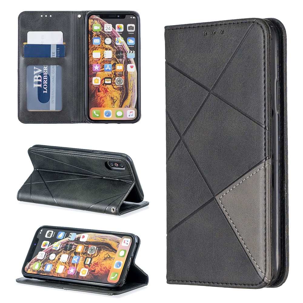 Étui Pour Téléphone En Cuir Avec Motif Géométrique Avec Support Pour Iphone X / XS 5,8 Pouces - Noir-1