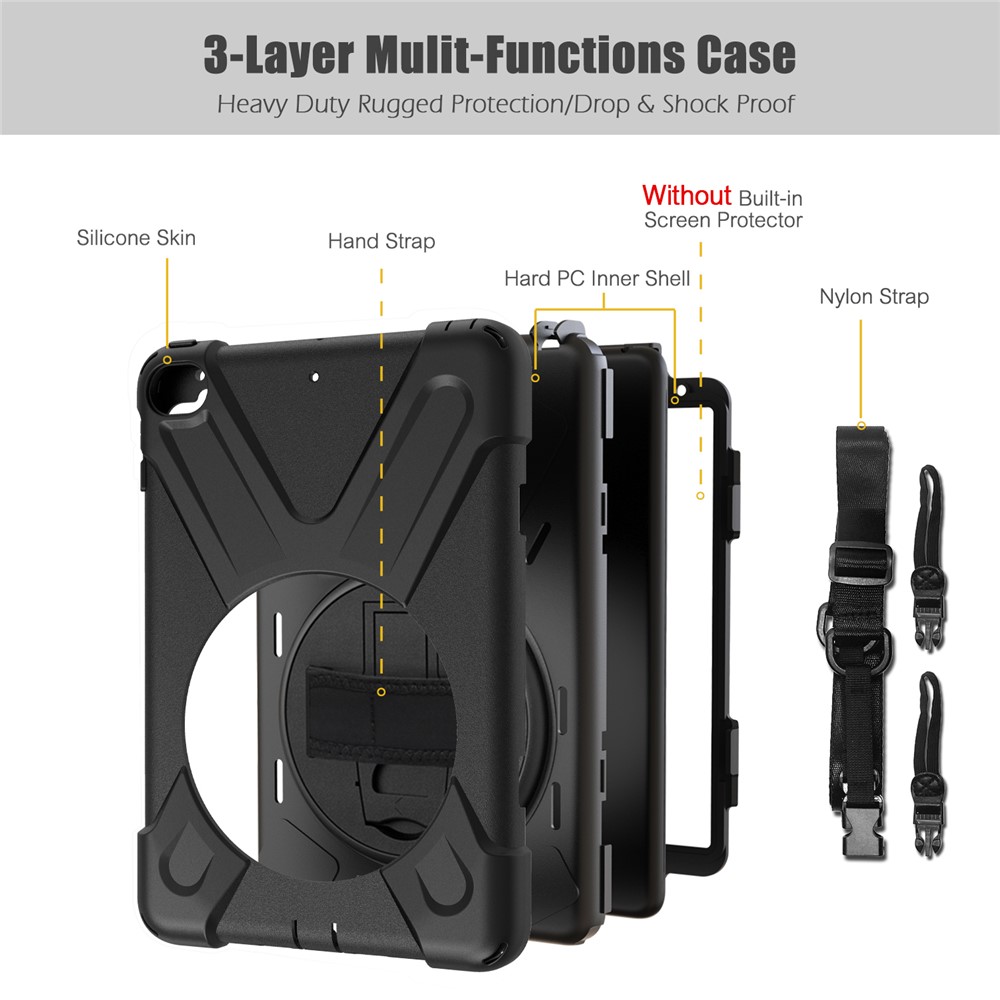 Para iPad mini (2019) 7,9 polegadas / Mini 4 X-forma Pc + Tampa De Kickstand Rotativo Do TPU Com Handstrap + Alça De Ombro - Preto