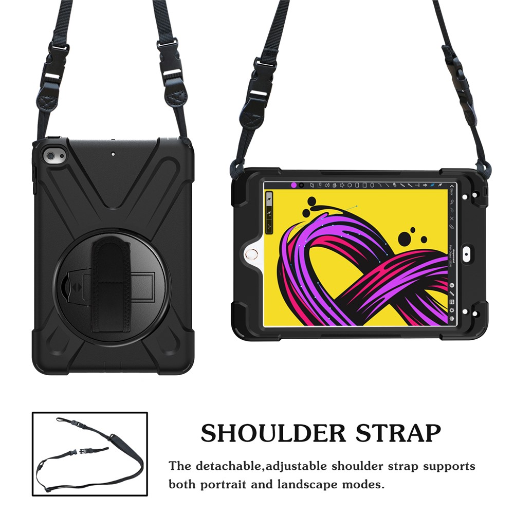 For iPad mini (2019) 7.9 inch / mini 4 X-Shape PC + TPU Rotary Kickstand Cover with Handstrap + Shoulder Strap - Black-3