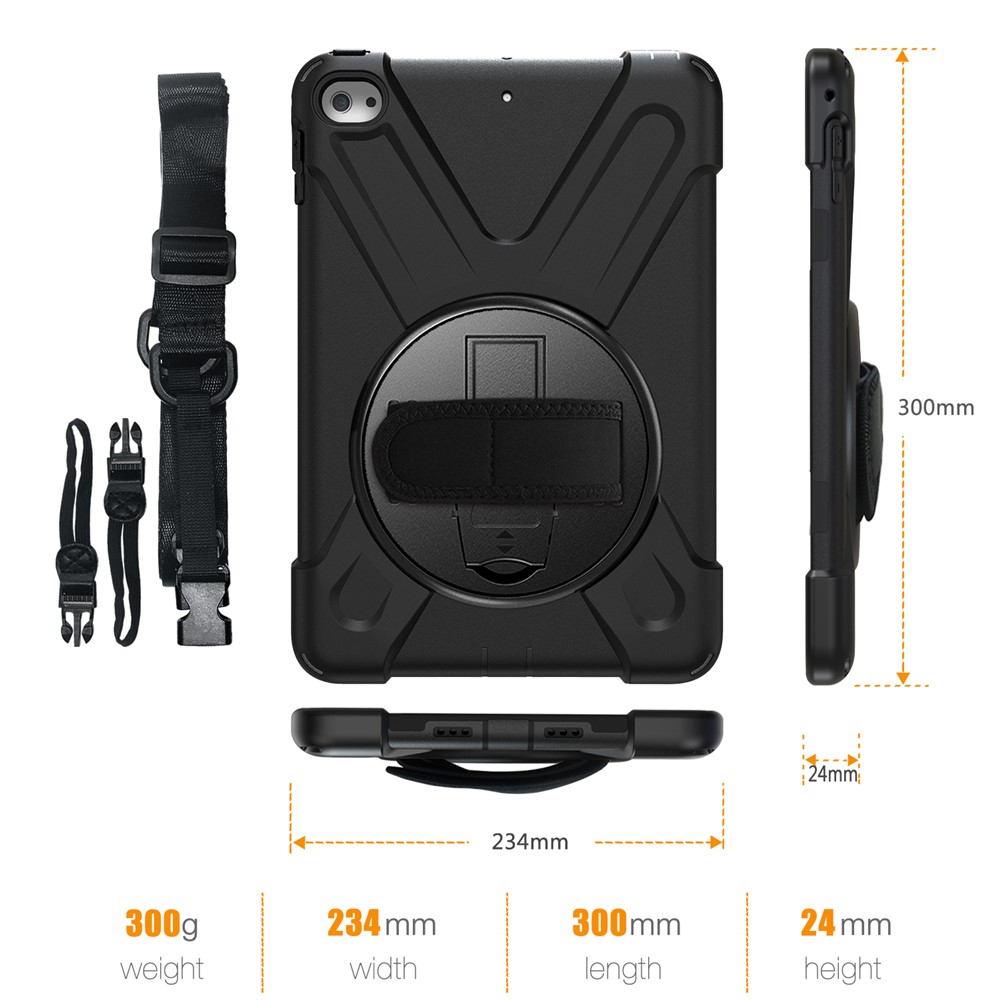 Para iPad mini (2019) 7,9 polegadas / Mini 4 X-forma Pc + Tampa De Kickstand Rotativo Do TPU Com Handstrap + Alça De Ombro - Preto