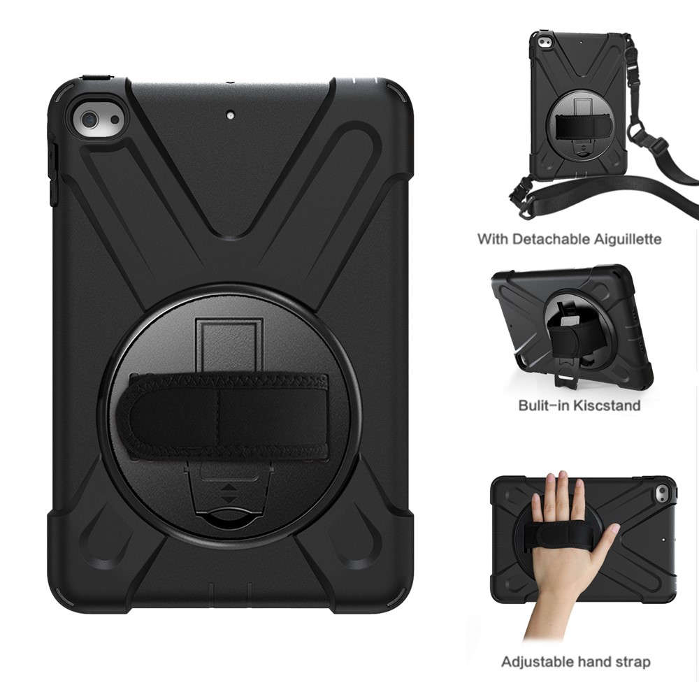 Per iPad Mini (2019) 7,9 pollici / Mini 4 PC Di Forma X + TPU Coperchio Del Cavalletto Rotante Con Handrap + Tracolla - Nero