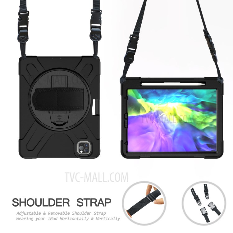 For iPad Pro 11-inch (2018) X-Shape 360 Degree Swivel PC + Silicone (with Pen Slot) Combo Kickstand Case with Hand Holder Strap Shoulder Strap - Black-4