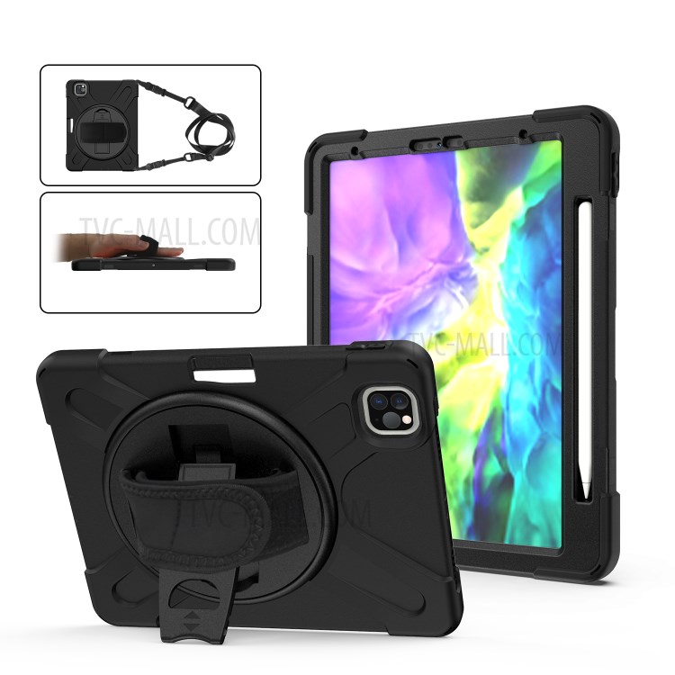 For iPad Pro 11-inch (2018) X-Shape 360 Degree Swivel PC + Silicone (with Pen Slot) Combo Kickstand Case with Hand Holder Strap Shoulder Strap - Black-5