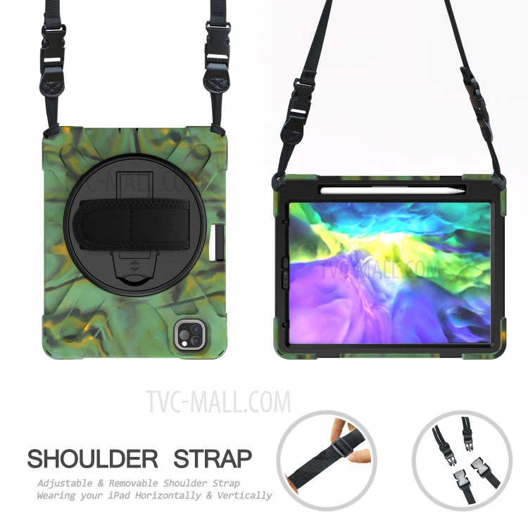 For iPad Pro 11-inch (2018) X-Shape 360 Degree Swivel PC + Silicone (with Pen Slot) Combo Kickstand Case with Hand Holder Strap Shoulder Strap - Army Green-4