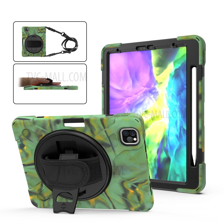 For iPad Pro 11-inch (2018) X-Shape 360 Degree Swivel PC + Silicone (with Pen Slot) Combo Kickstand Case with Hand Holder Strap Shoulder Strap - Army Green-5