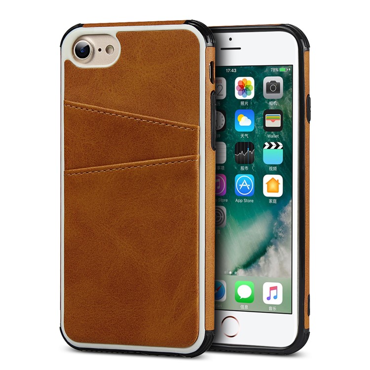 Dual Card Slots PU Leather Coated PC Hard Case for iPhone 8/7/6 4.7 inch - Light Brown-1