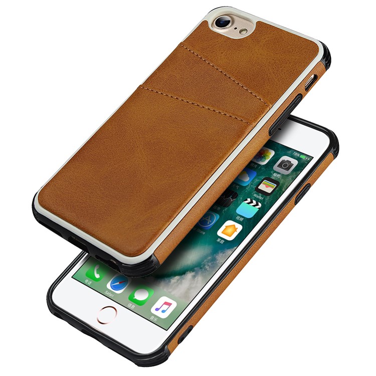 Dual Card Slots PU Leather Coated PC Hard Case for iPhone 8/7/6 4.7 inch - Light Brown-2