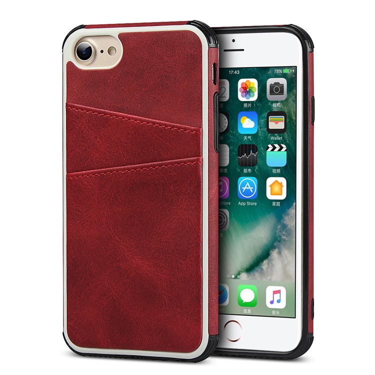 Dual Card Slots PU Leather Coated PC Hard Case for iPhone SE 2nd Gen (2020)/8/7/6 4.7 inch - Red-1