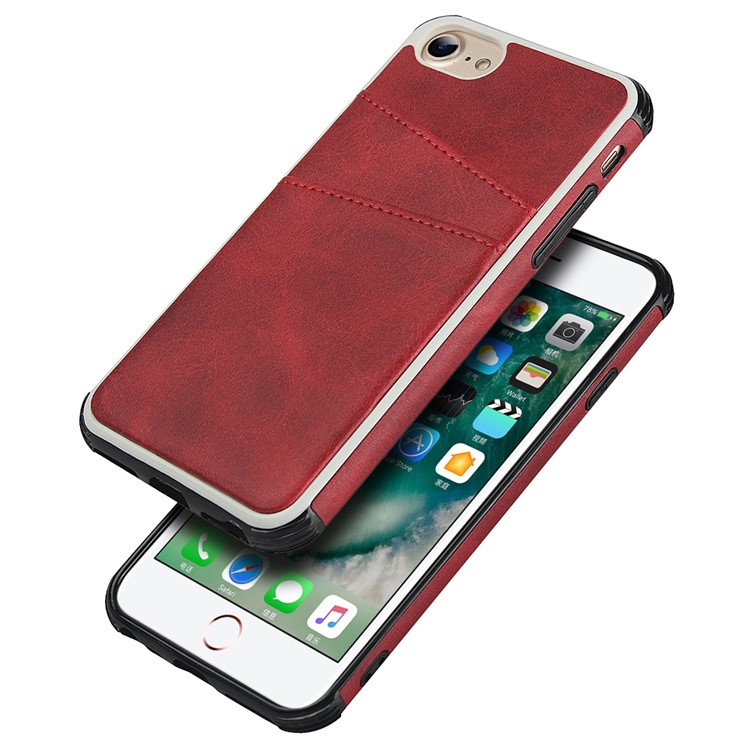 Dual Card Slots PU Leather Coated PC Hard Case for iPhone SE 2nd Gen (2020)/8/7/6 4.7 inch - Red-2