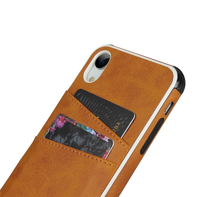 Dual Card Slots PU Leather Coated Hard PC Phone Cover for iPhone XR 6.1 inch - Light Brown-9