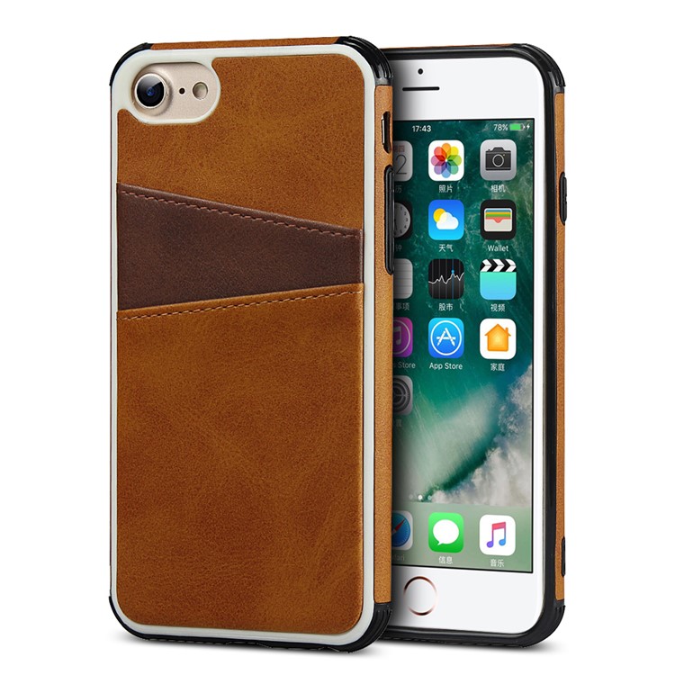 For iPhone SE 2nd Gen (2020)/8/7/6 4.7 inch Dual Colors with Two Card Slots Leather+PC Casing - Brown-1