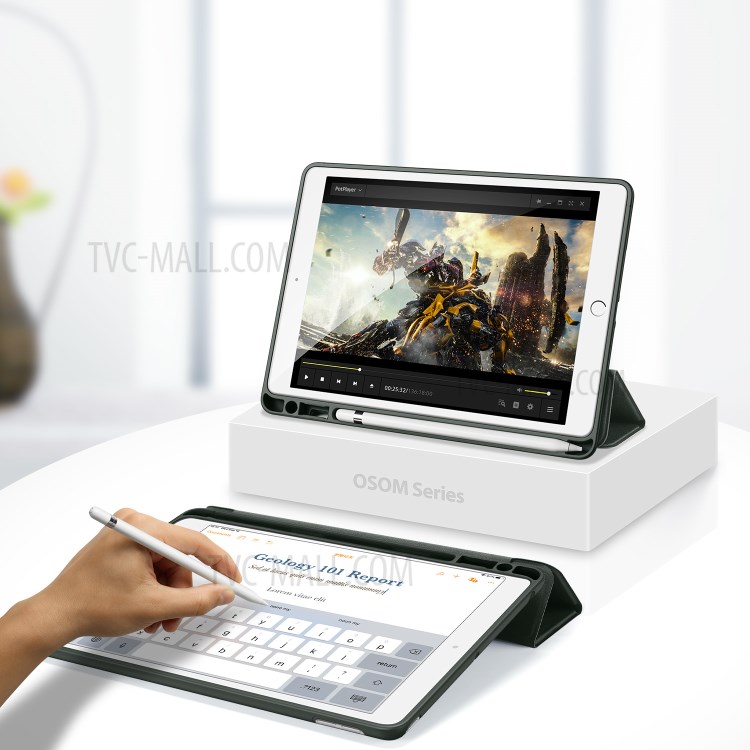 DUX DUCIS OSOM Série Comprimé En Cuir À Trois Volets Cas Avec Porte-stylo Pour Ipad 9,7 Pouces (2018) / (2017) - Vert-5