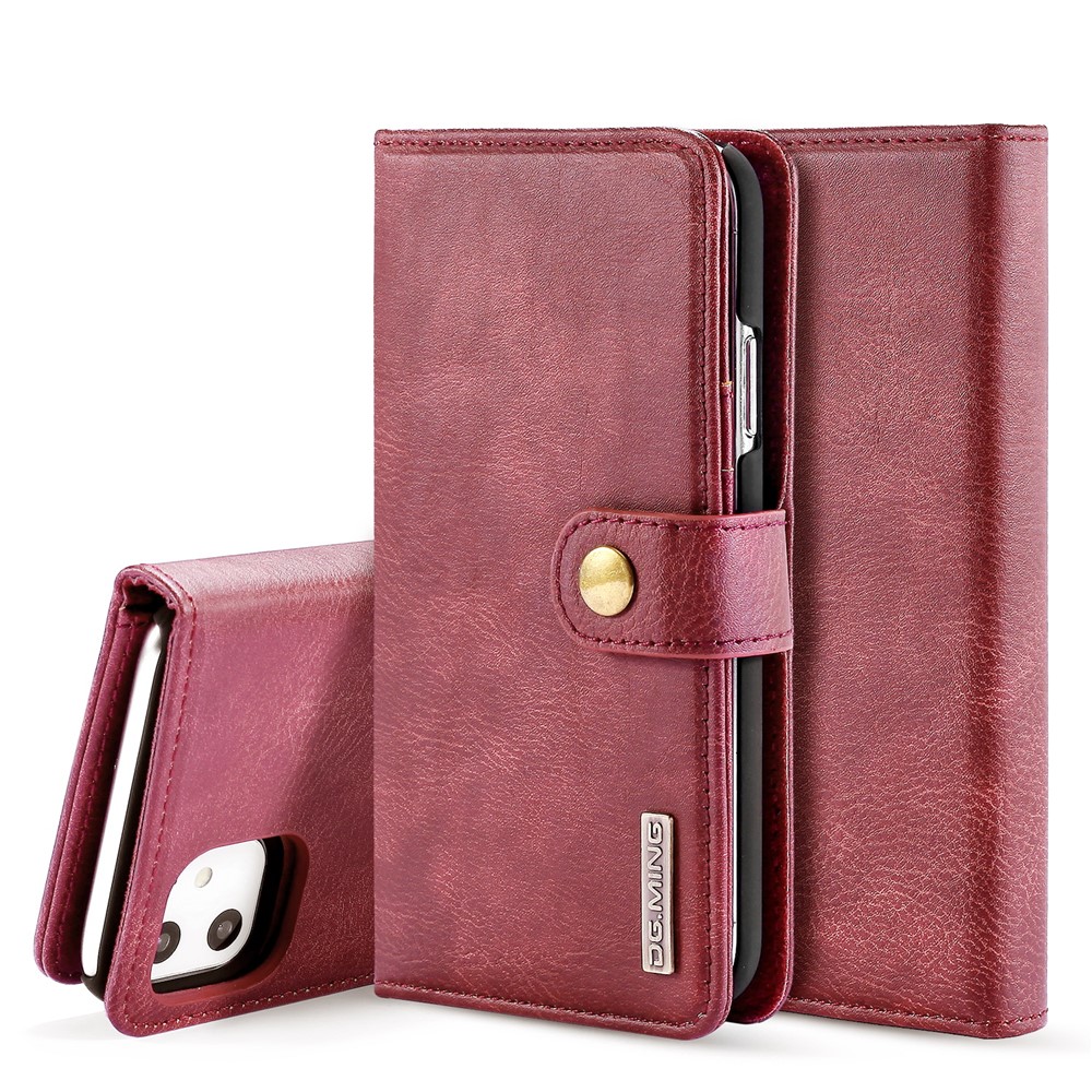 Dg. Ming Elegante Anti-finger-hprint Fácil Detallable de Cuero Dividido Billetera Folio Folio Stand Cubierta de PC a Prueba de Choque Para Iphone 11 6.1 Pulgadas (2019) - Vino Rojo