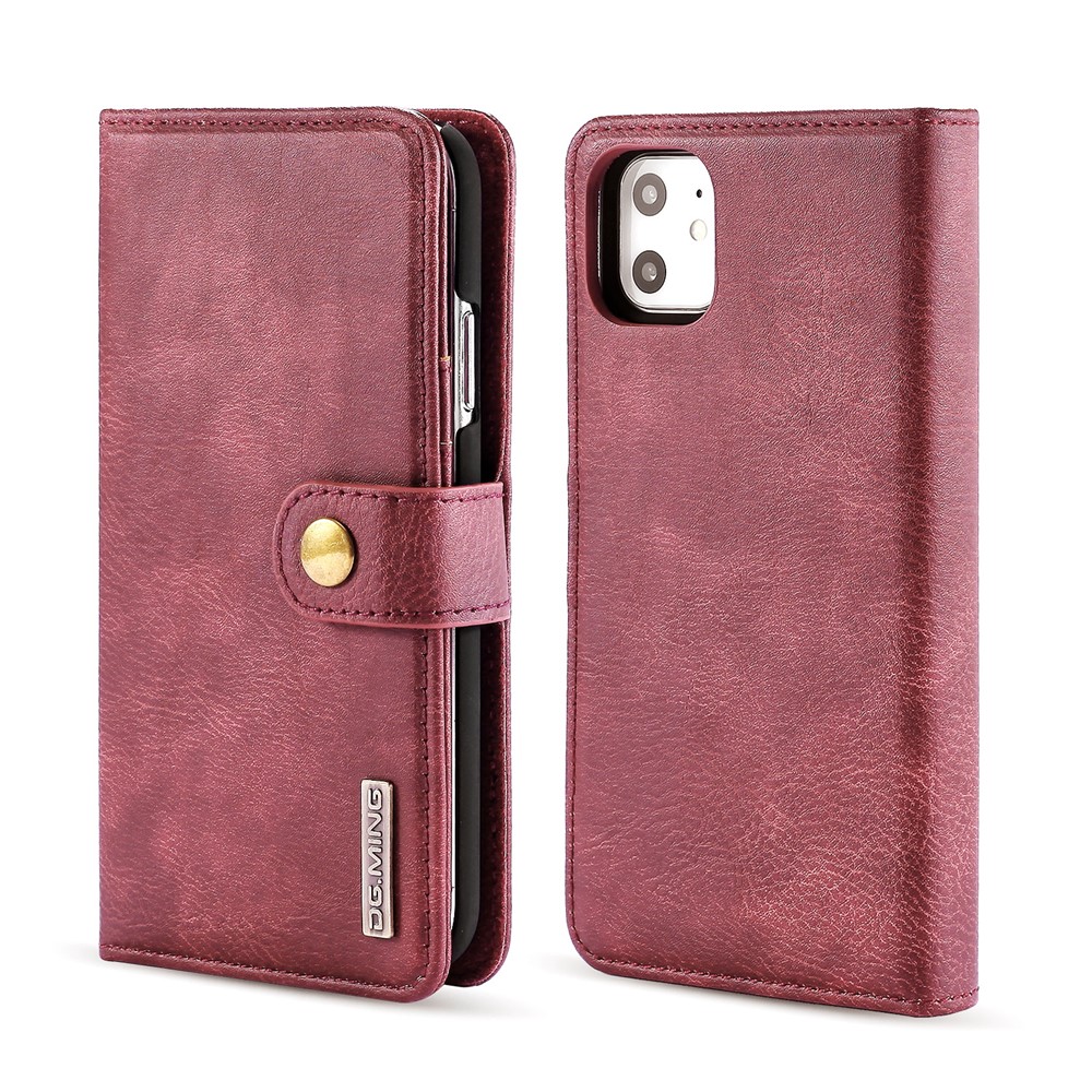 Dg. Ming Élégant Anti-doigté Easy Detechable Split Leather Pallement Flip Folio Case Stand Tocoproping PC Couverture Intérieur Pour L'iphone 11 6,1 Pouces (2019) - Vin Rouge