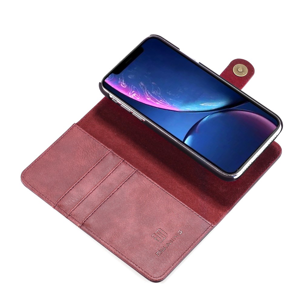 Dg. Ming Elegante Anti-finger-hprint Fácil Detallable de Cuero Dividido Billetera Folio Folio Stand Cubierta de PC a Prueba de Choque Para Iphone 11 6.1 Pulgadas (2019) - Vino Rojo