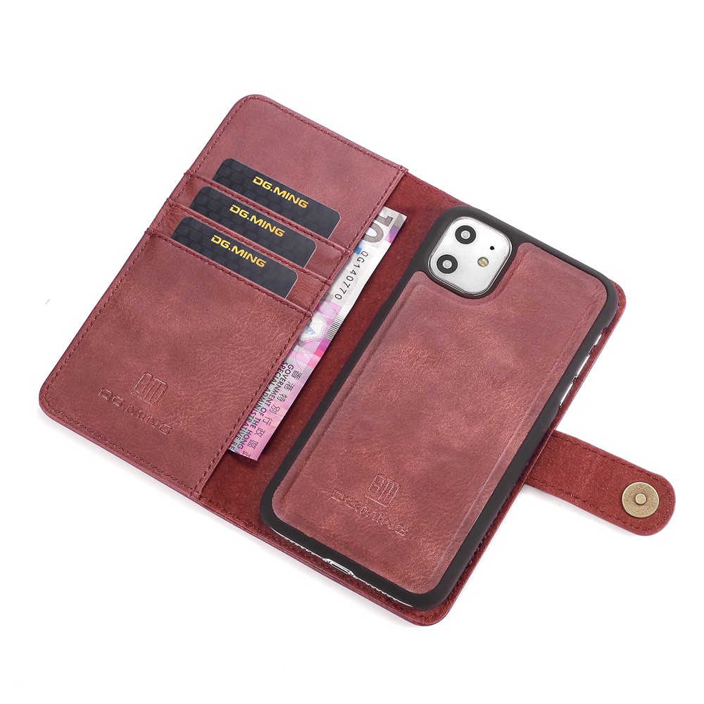 Dg. Ming Élégant Anti-doigté Easy Detechable Split Leather Pallement Flip Folio Case Stand Tocoproping PC Couverture Intérieur Pour L'iphone 11 6,1 Pouces (2019) - Vin Rouge