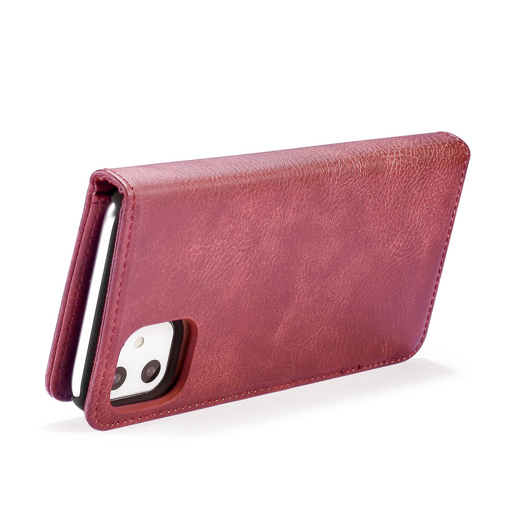 Dg. Ming Elegante Anti-finger-hprint Fácil Detallable de Cuero Dividido Billetera Folio Folio Stand Cubierta de PC a Prueba de Choque Para Iphone 11 6.1 Pulgadas (2019) - Vino Rojo