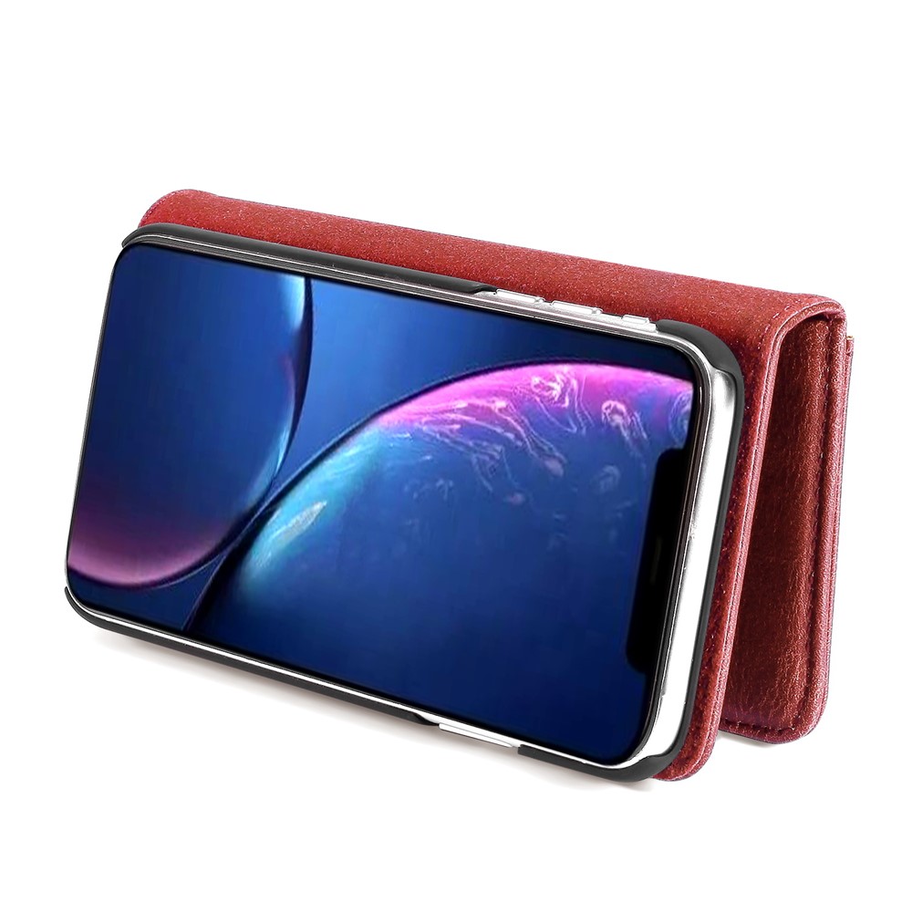 Dg. Ming Elegante Anti-fingerprint Easy Detectável Split Split Carteira Flip Folio Caso Stand Stand Choffrof PC Iner Tape Para Iphone 11 6,1 Polegadas (2019) - Vinho Vermelho